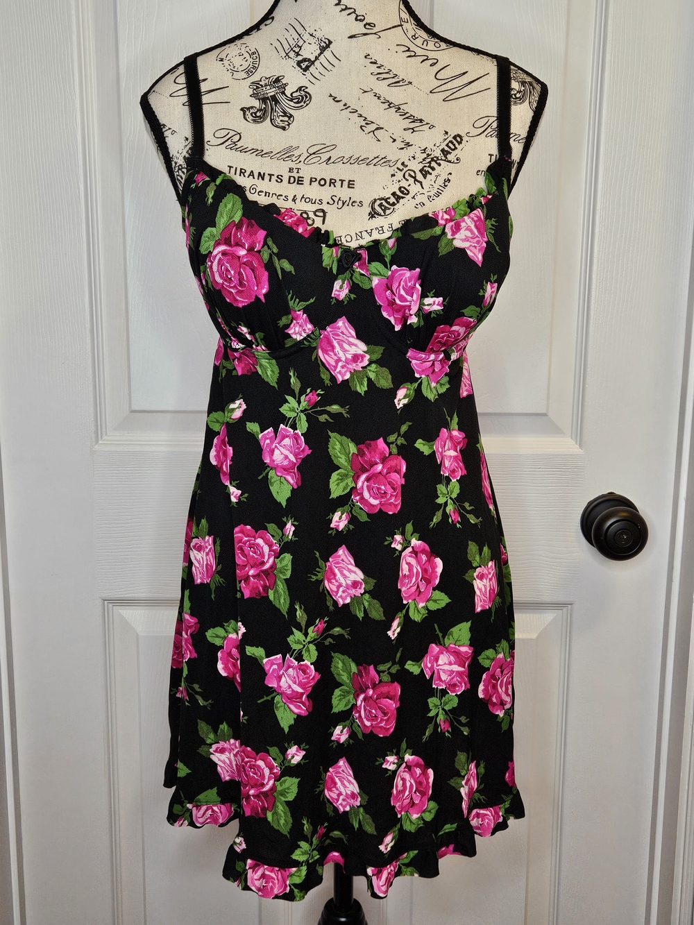 NWOT Black Pink Rose Floral Chemise Babydoll Nightie Plus Size 38D Molded Cups